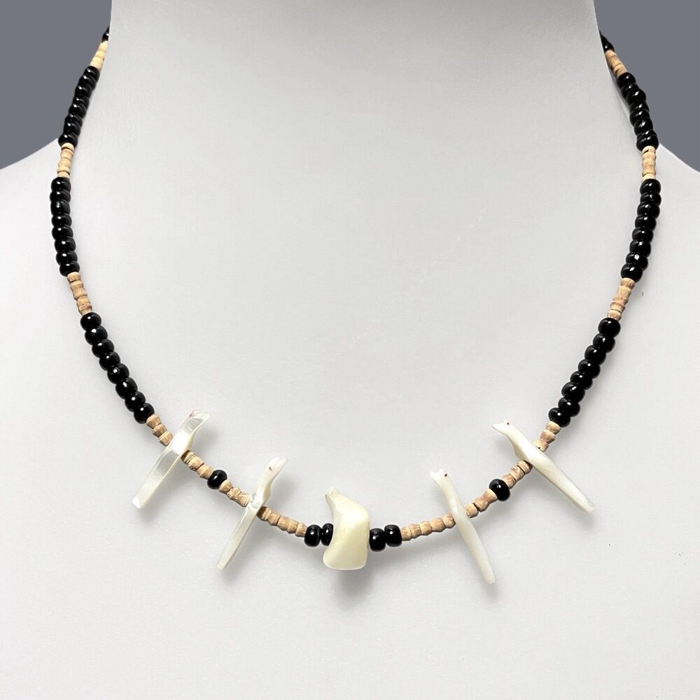 Vintage Fetish Necklace Mother of Pearl Shell Birds Wood Glass Bead Southwestern